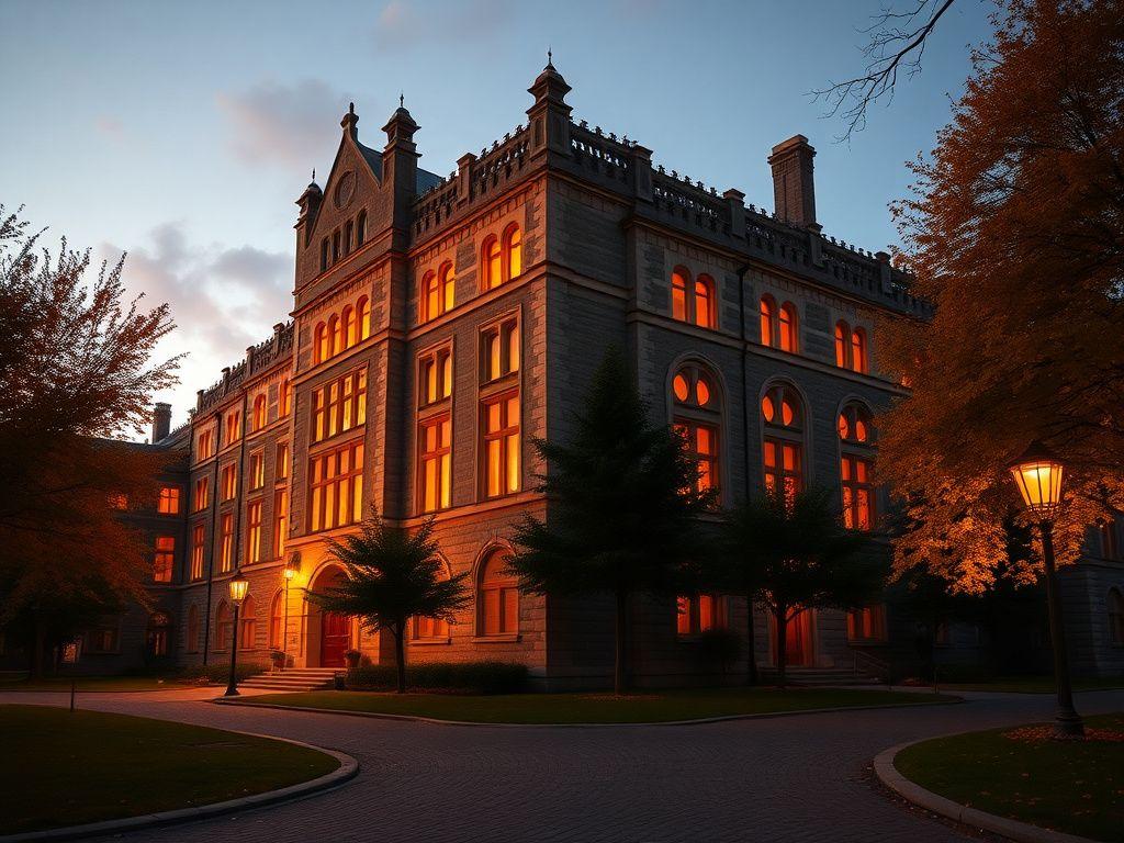 Historic overseas university campus at dusk